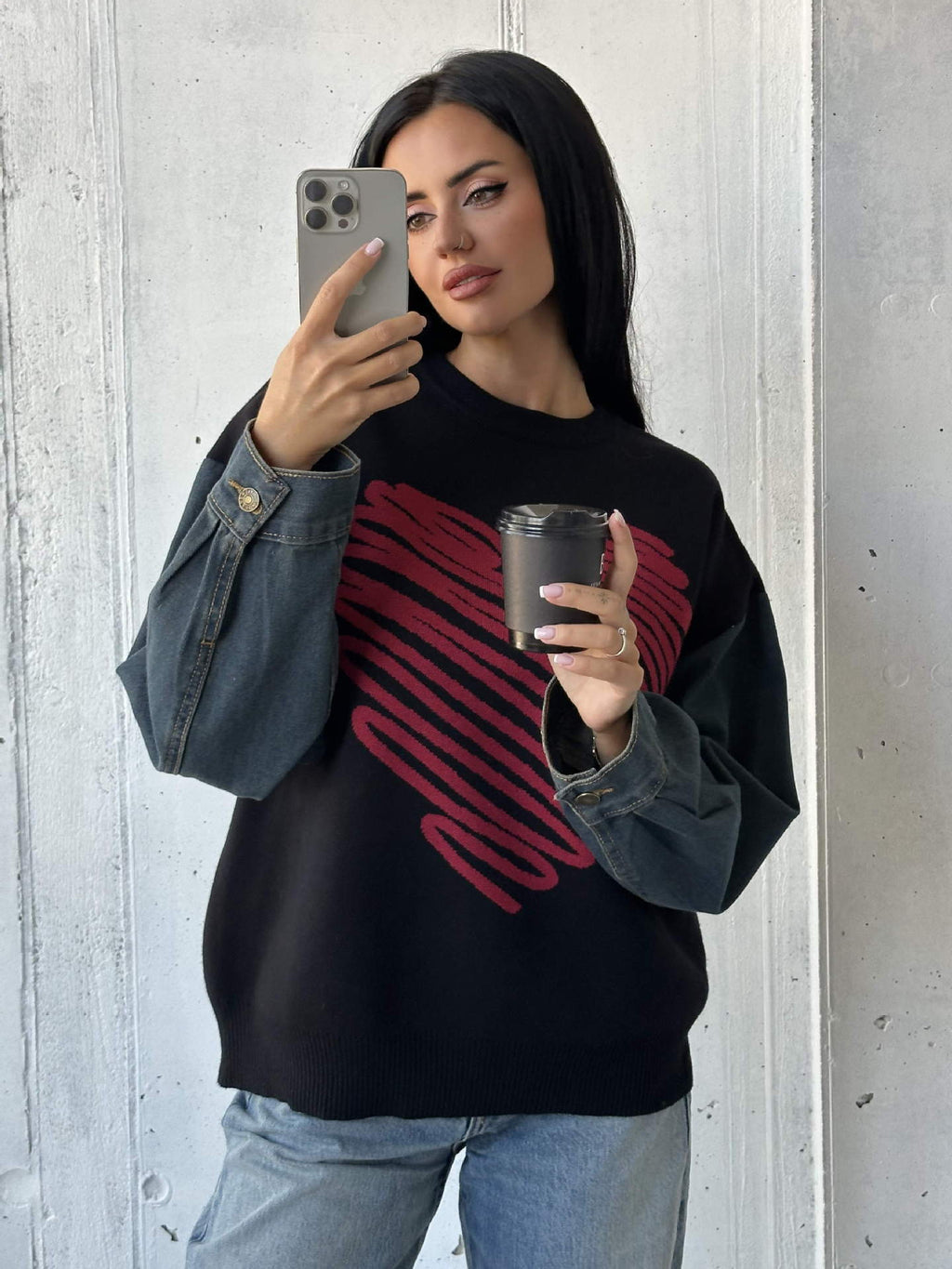 European and American Cross-Border Autumn and Winter Export Sweaters Round Neck Denim Sleeve Sweaters Heart Pattern Simple Tops European and American Women's Clothing