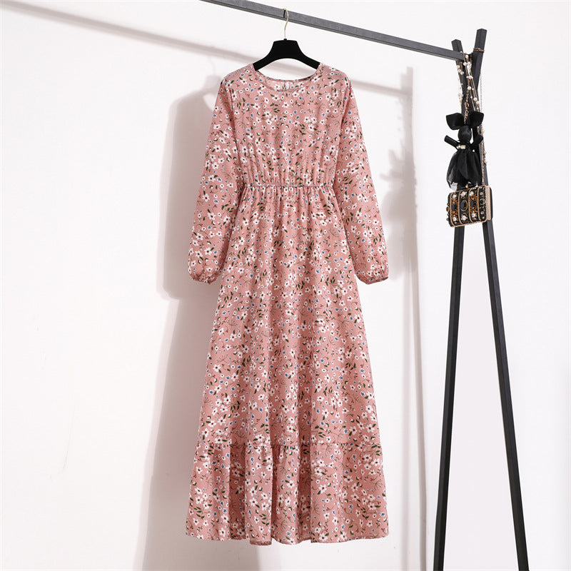 Vestido Comprido Floral de Manga Comprida e Cintura Subida