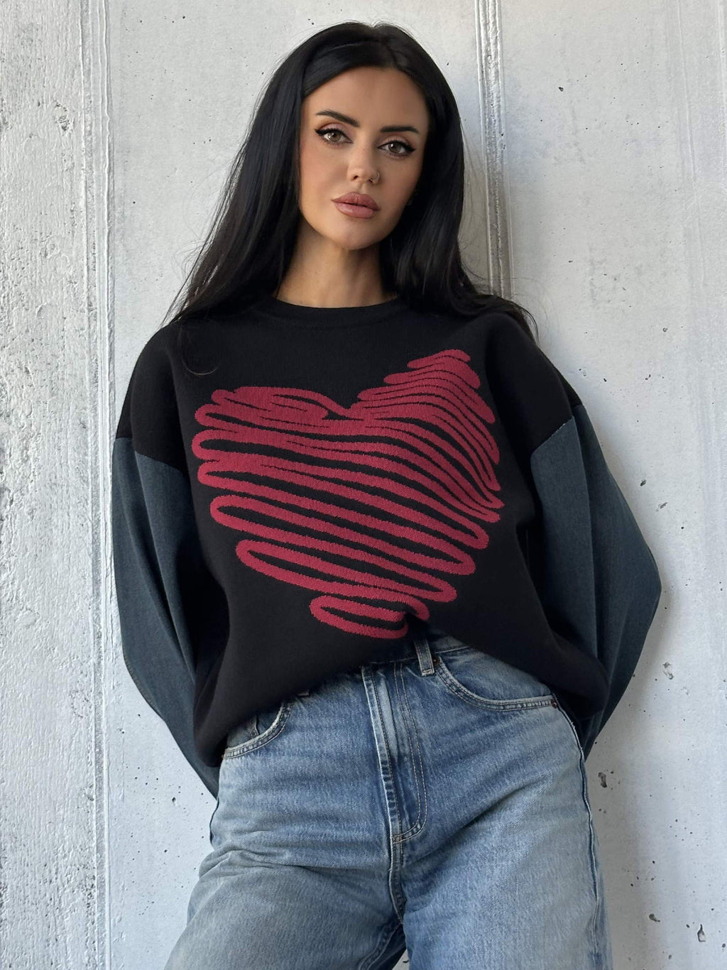 European and American Cross-Border Autumn and Winter Export Sweaters Round Neck Denim Sleeve Sweaters Heart Pattern Simple Tops European and American Women's Clothing