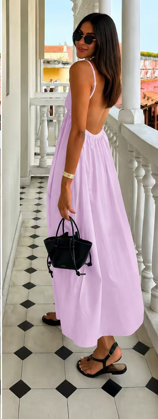 Vestido de Verão com Costas Abertas, Decote V e Alças