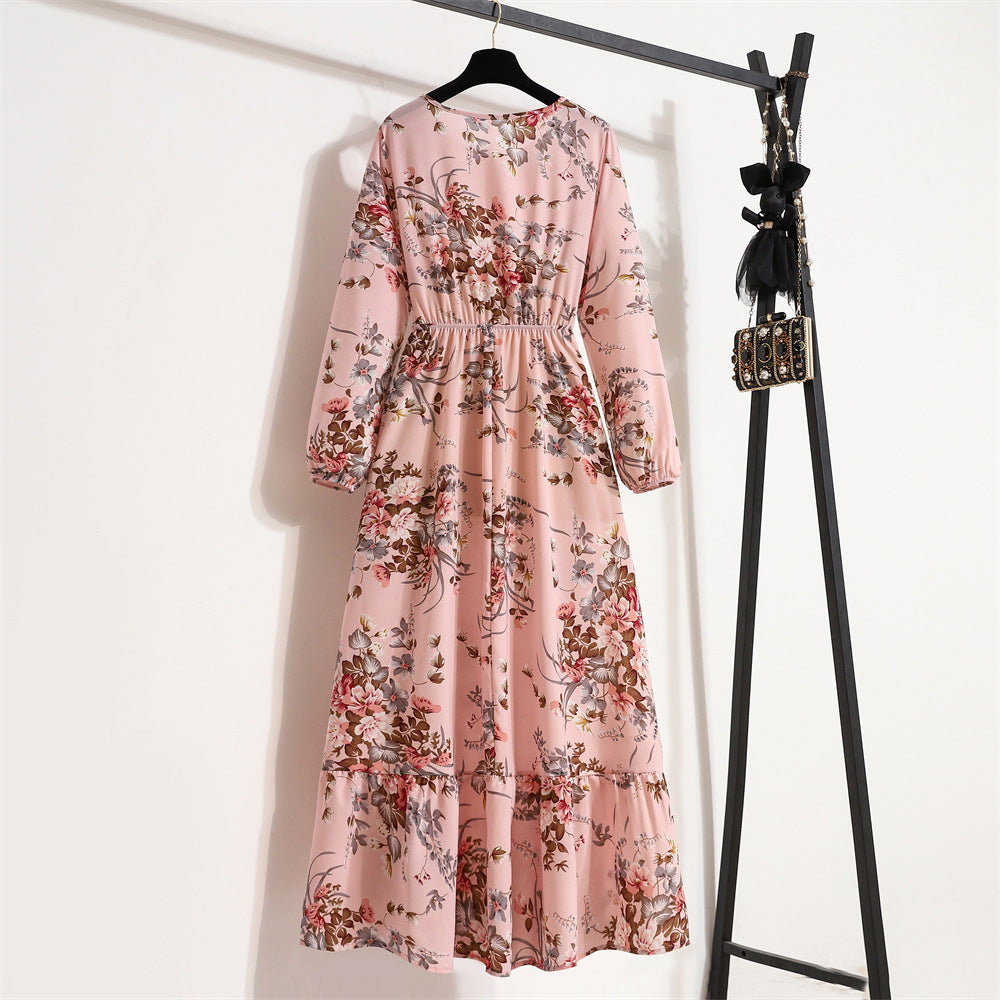 Vestido Comprido Floral de Manga Comprida e Cintura Subida