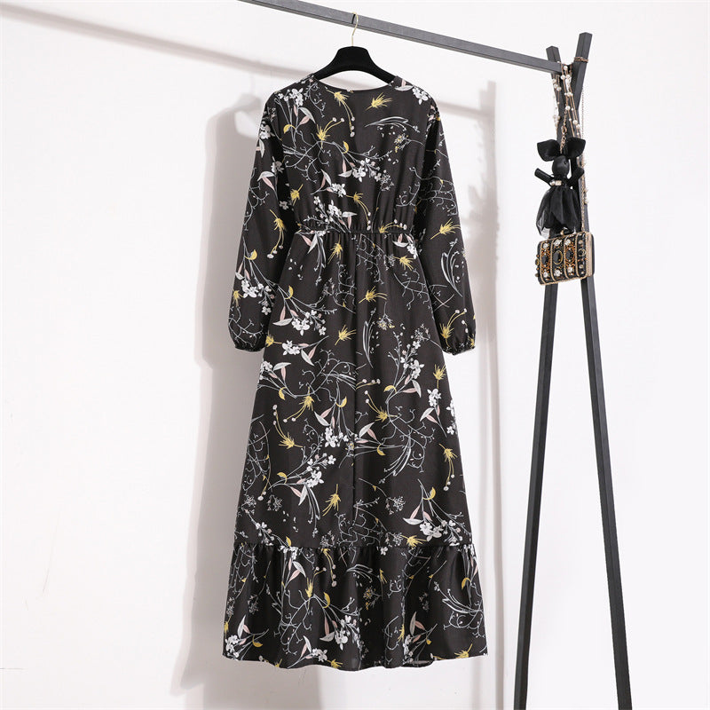 Vestido Comprido Floral de Manga Comprida e Cintura Subida