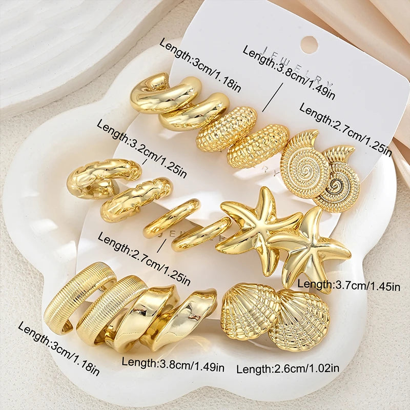 Conjunto de 18 Brincos Vintage Banhados a Ouro com Tema Oceano