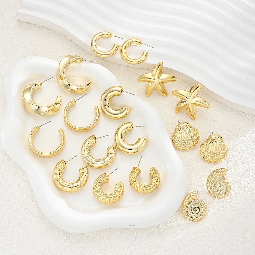 Conjunto de 18 Brincos Vintage Banhados a Ouro com Tema Oceano