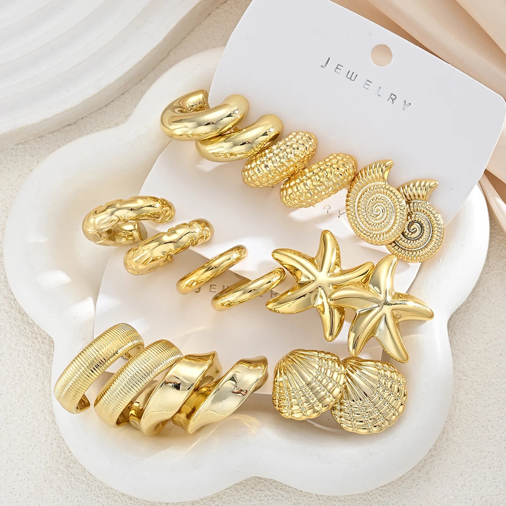 Conjunto de 18 Brincos Vintage Banhados a Ouro com Tema Oceano