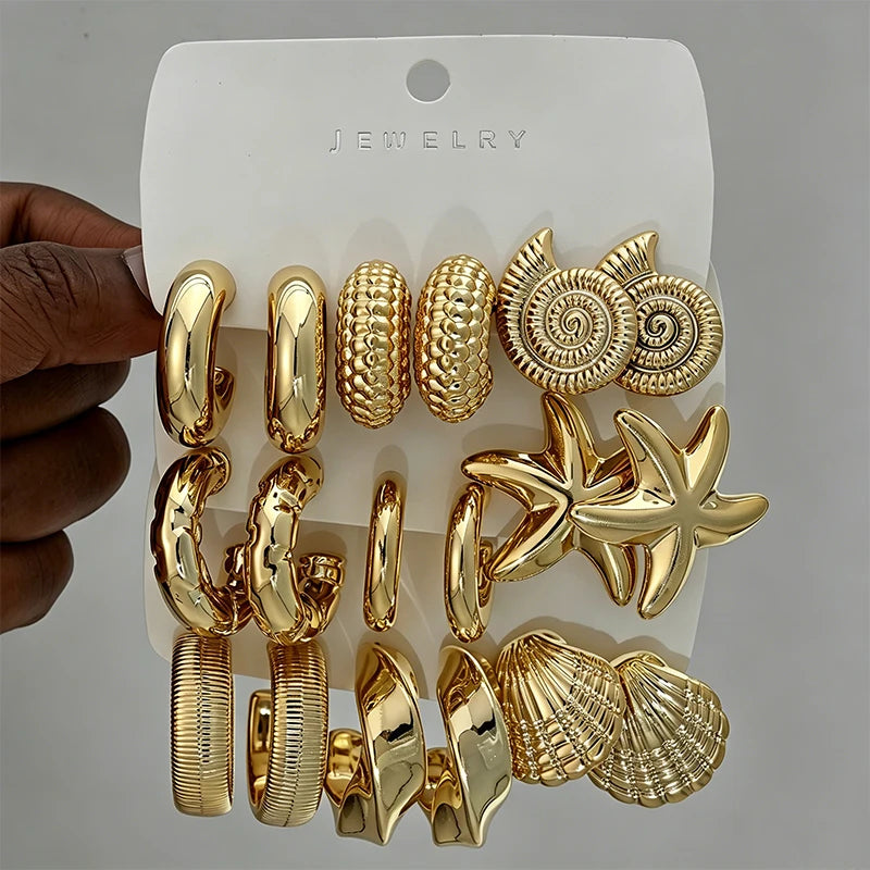 Conjunto de 18 Brincos Vintage Banhados a Ouro com Tema Oceano
