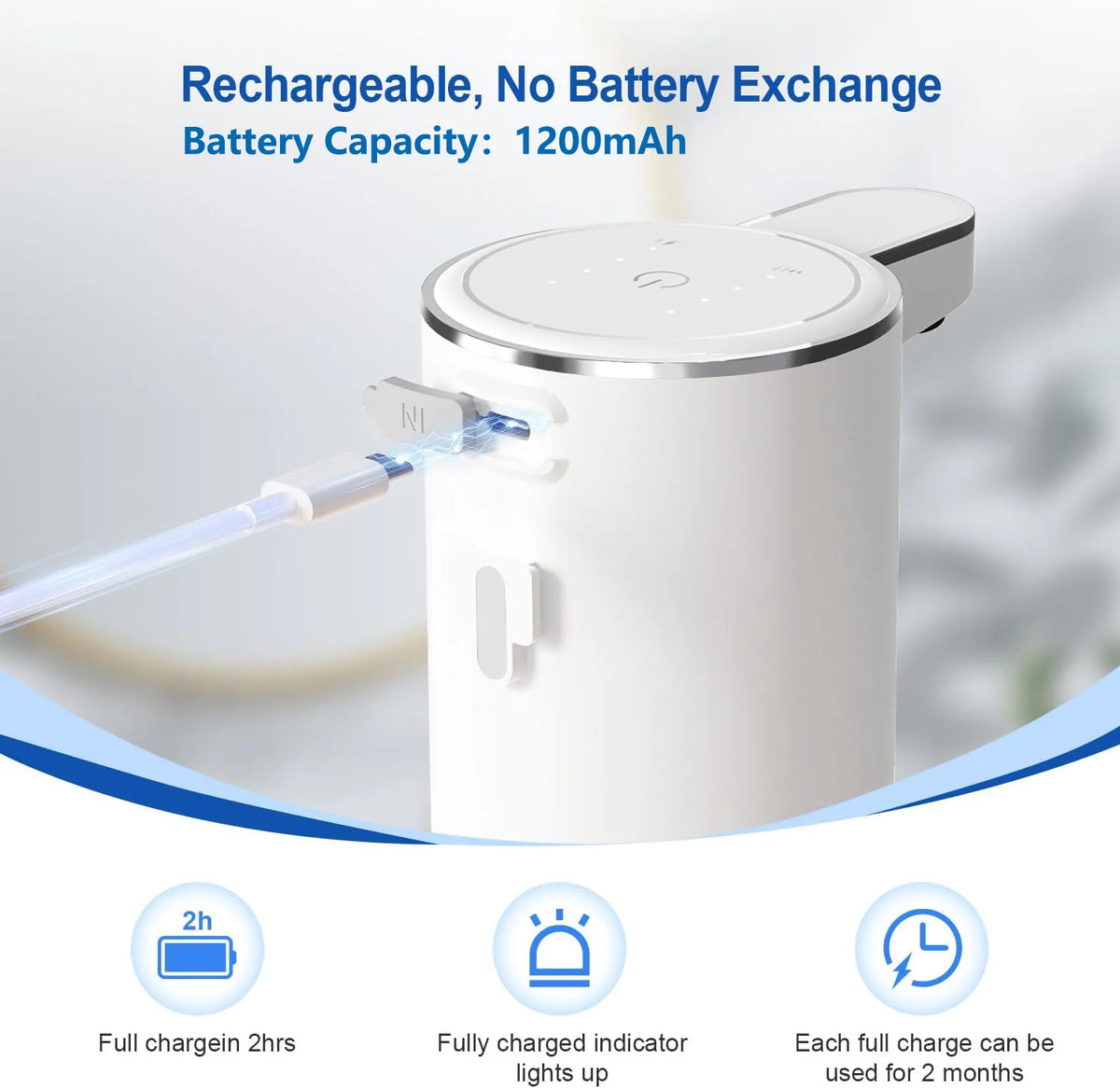 Dispensador de sabão IPX5, recarregável elétrico e inteligente pode ser usado na cozinha ou banheiro