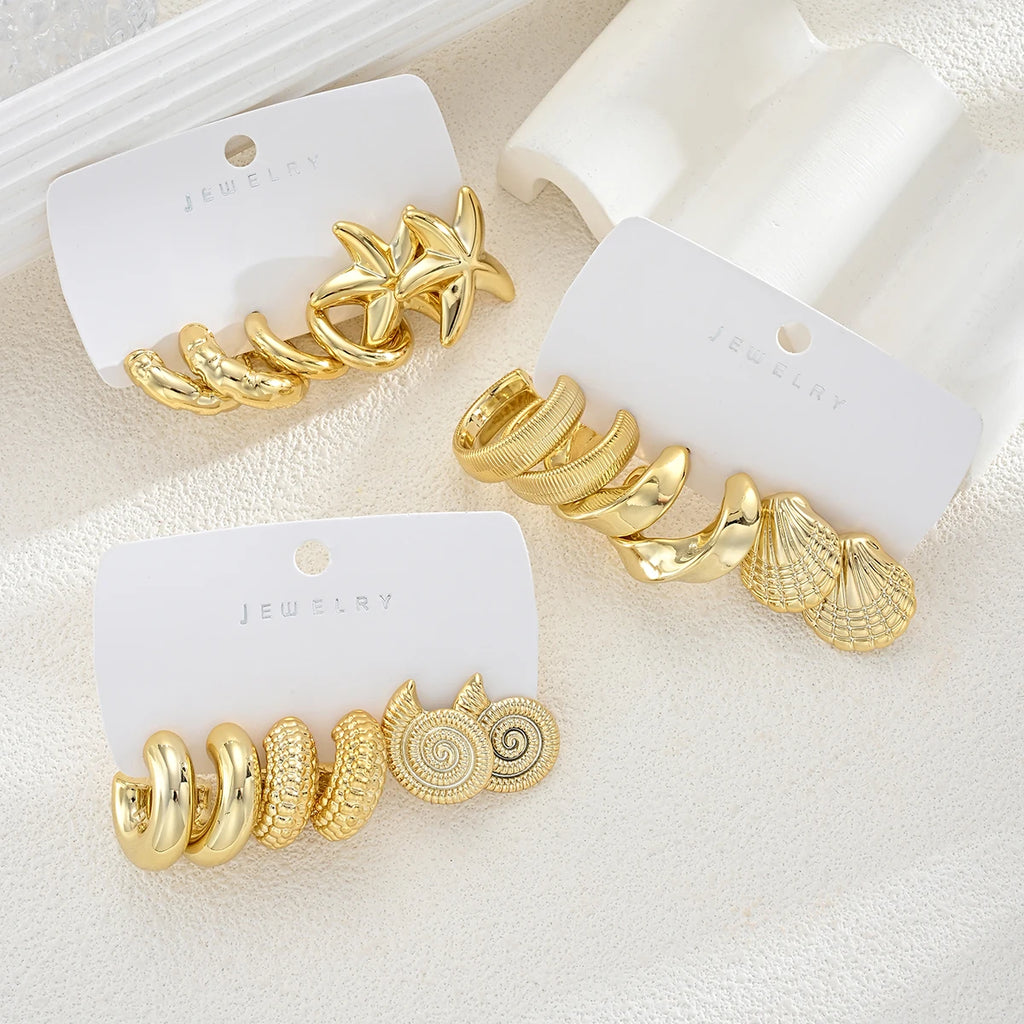 Conjunto de 18 Brincos Vintage Banhados a Ouro com Tema Oceano