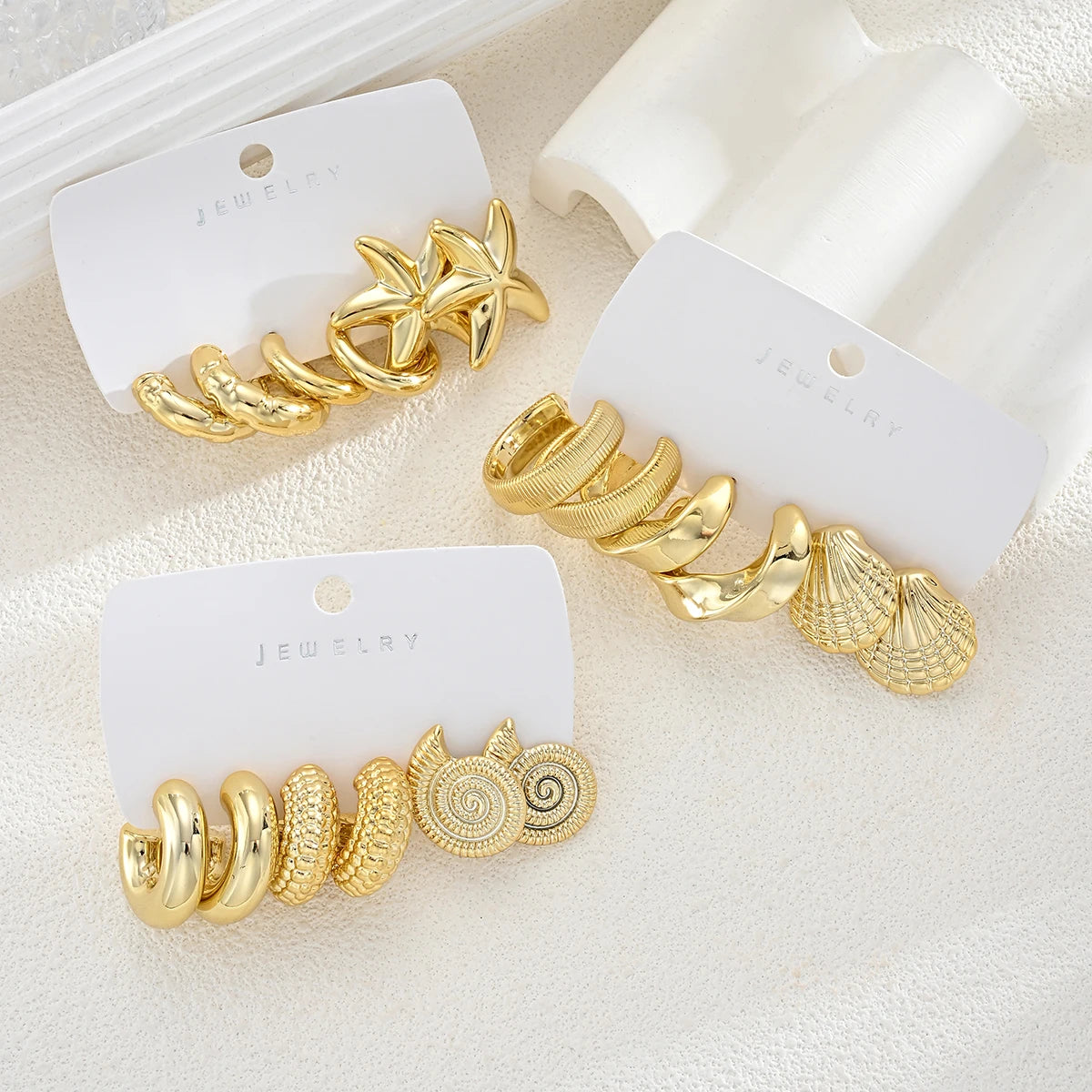 Conjunto de 18 Brincos Vintage Banhados a Ouro com Tema Oceano